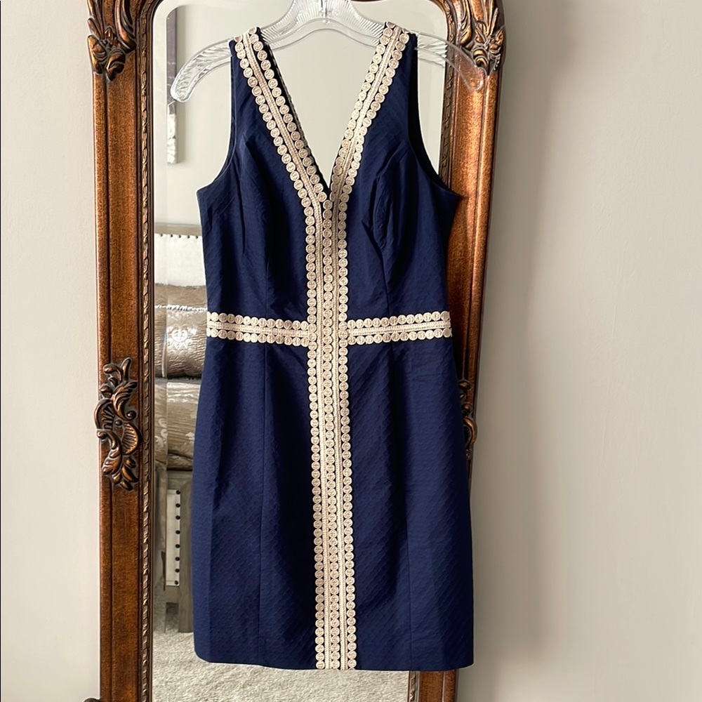 Lilly Pulitzer Blue and Gold Sheath Cocktail Mini Dress